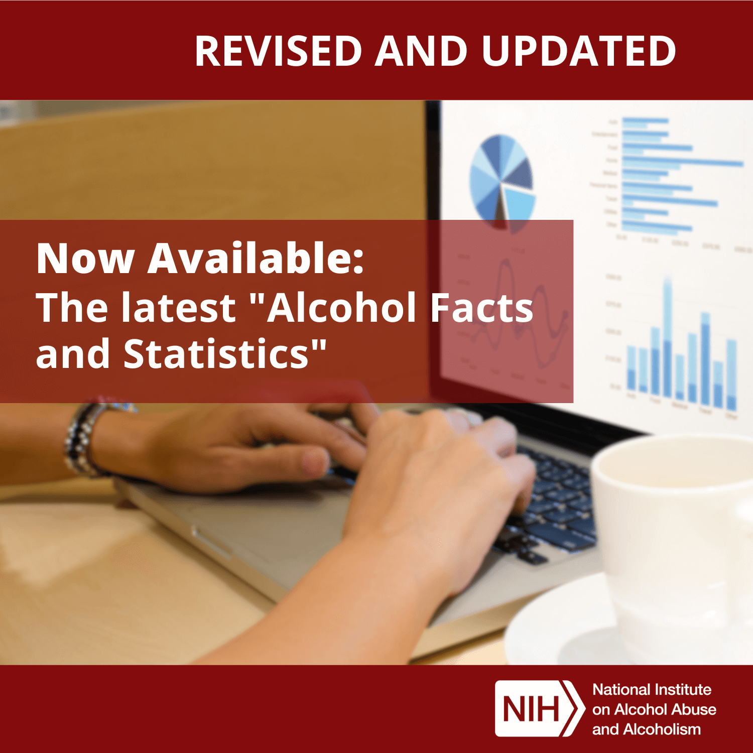 Image of a computer screen showing charts and graphs. Text overlay says: “Revised and updated. Now available: The latest ‘Alcohol Facts and Statistics’.” Logo for the National Institute on Alcohol Abuse and Alcoholism.